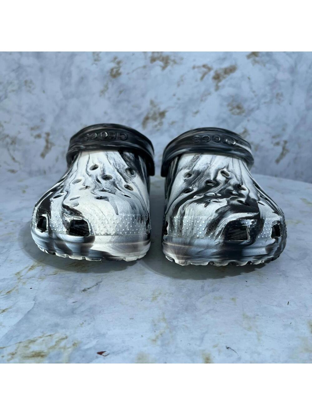 Crocs Classic Womens Sz 9 Shoes Black White Slides Comfort Casual Marbled Sandal - Picture 2 of 10